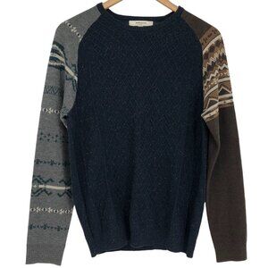 Fairwhale Navy Speckled crewneck sweater contrast stripe  grey brown sleeves Med